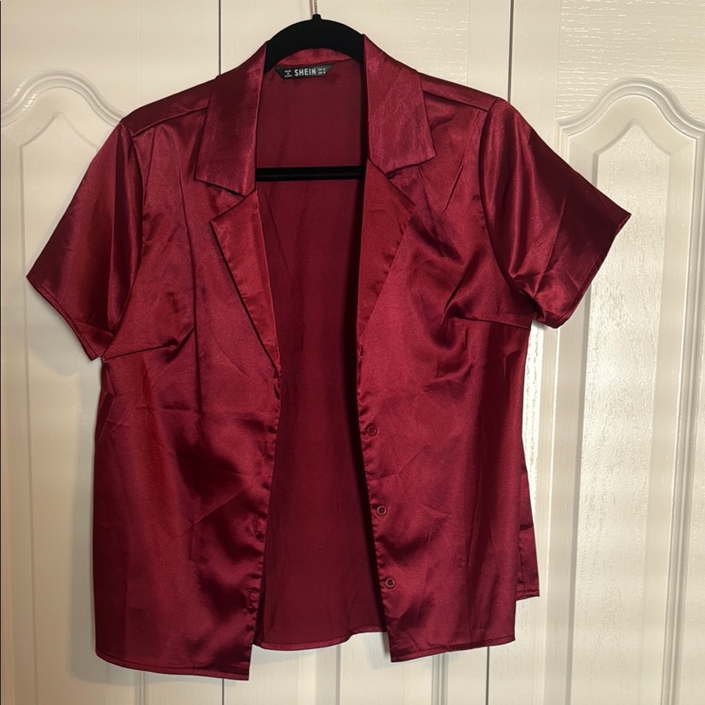 SHEIN Burgundy Satin Button-Up Shirt